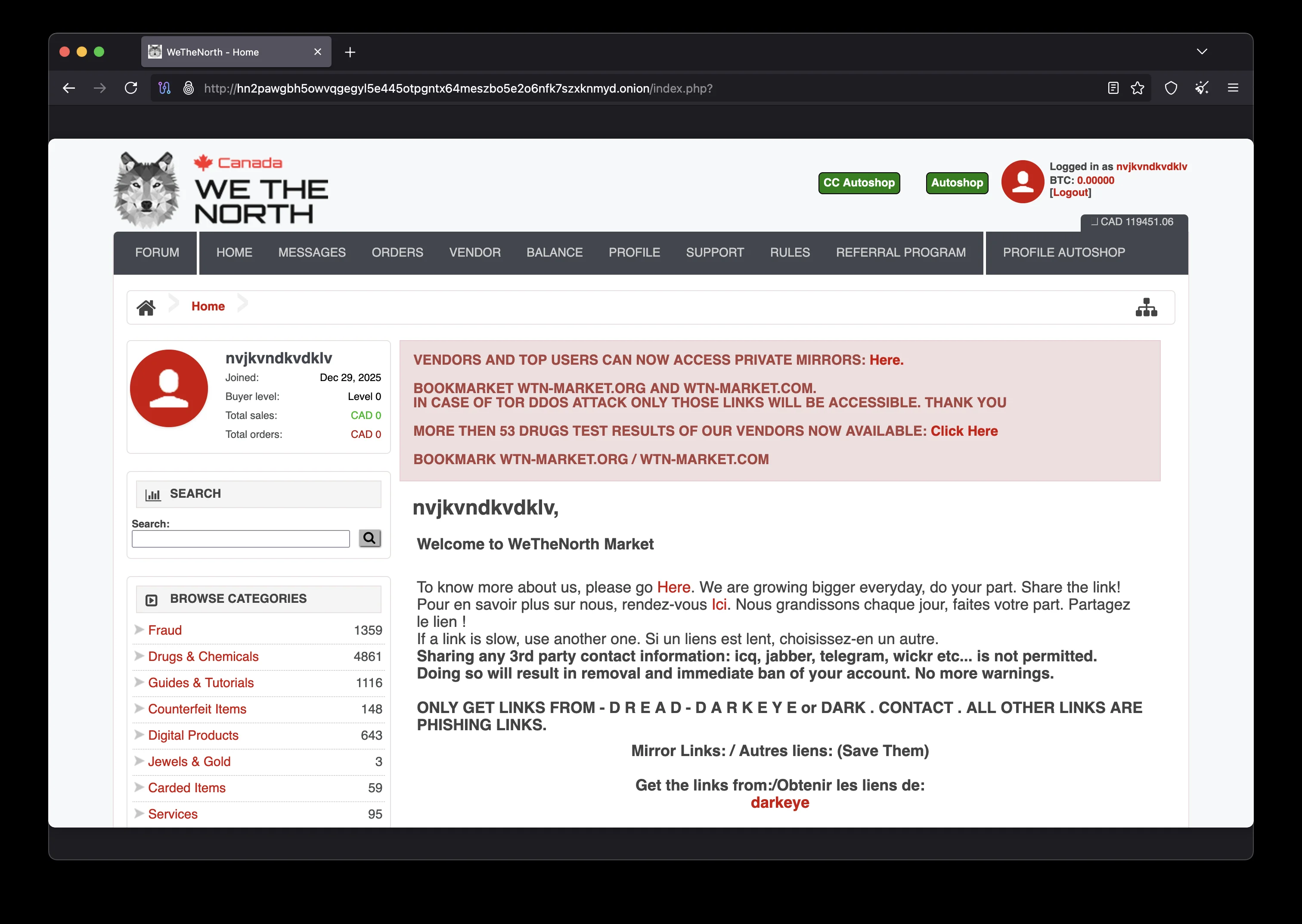 WeTheNorth Market official homepage interface 2026 — Canada's leading darknet marketplace