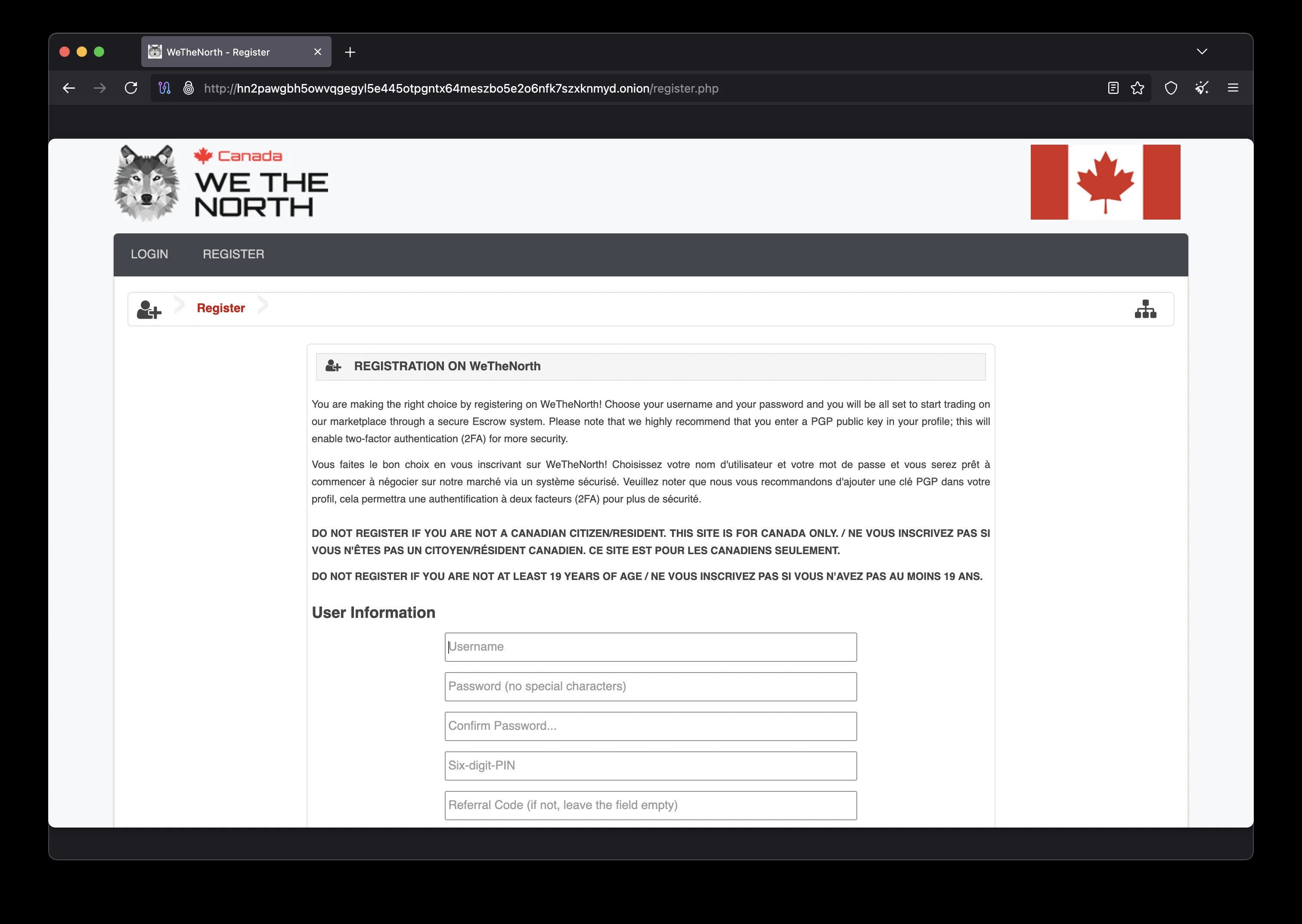 WeTheNorth WTN Market registration form — secure account creation with PGP key setup